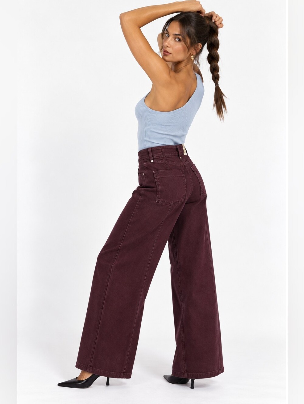 Zara Burgundy Plum Wide Leg High Rise Jeans Front Seam Size 14